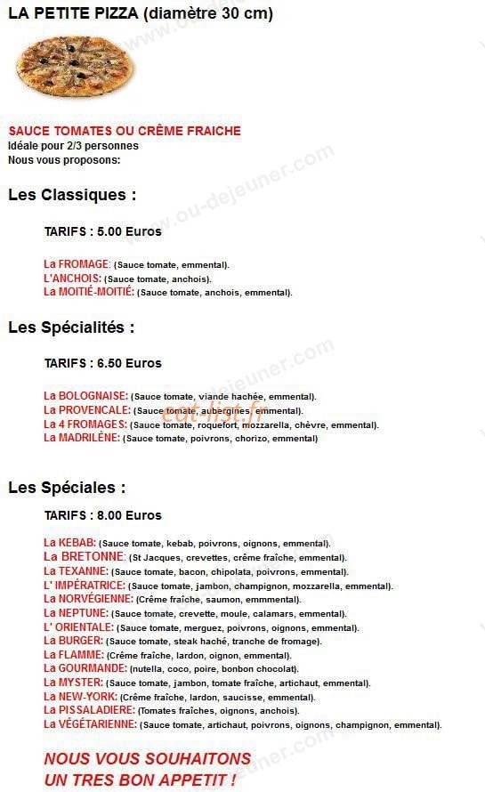 Myster Pizza — carte page 1