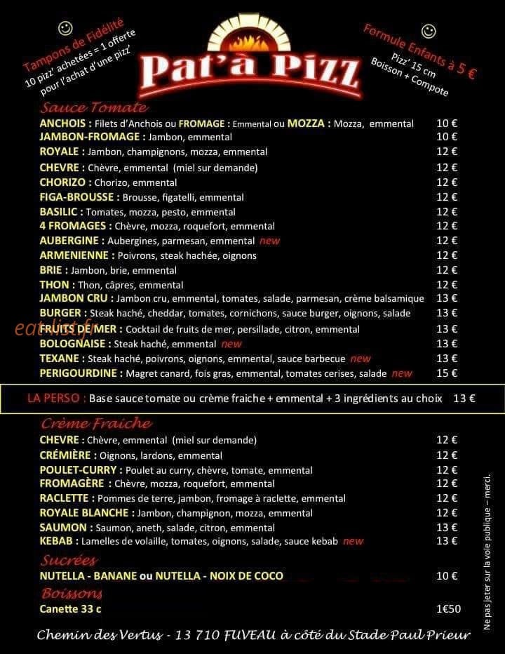 Pat'à Pizz — carte page 1