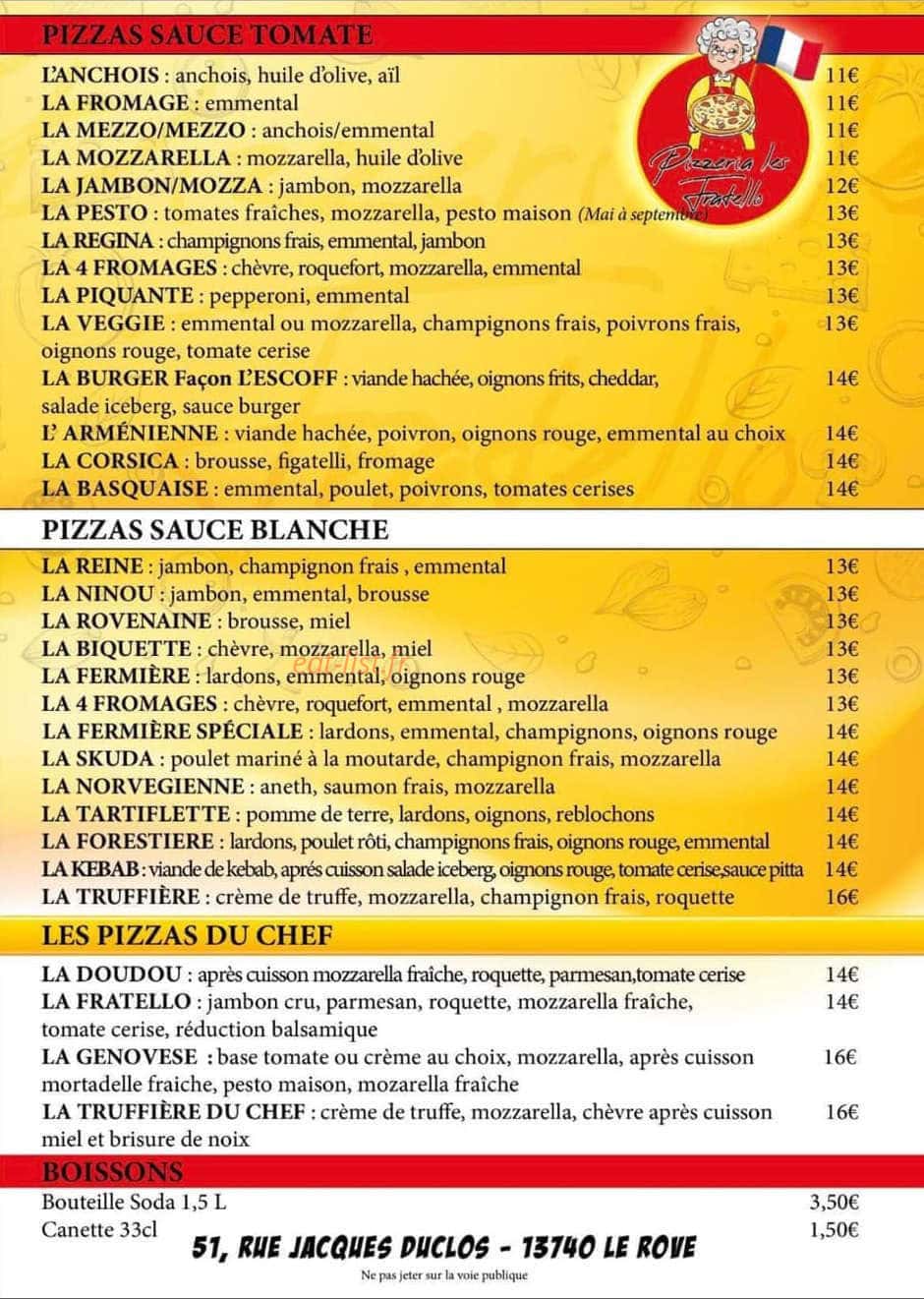 Pizzeria les Fratello — carte page 1