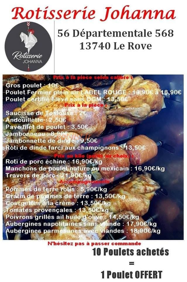 Carte et menu de Rotisserie Johanna à Le Rove — Rôtisserie