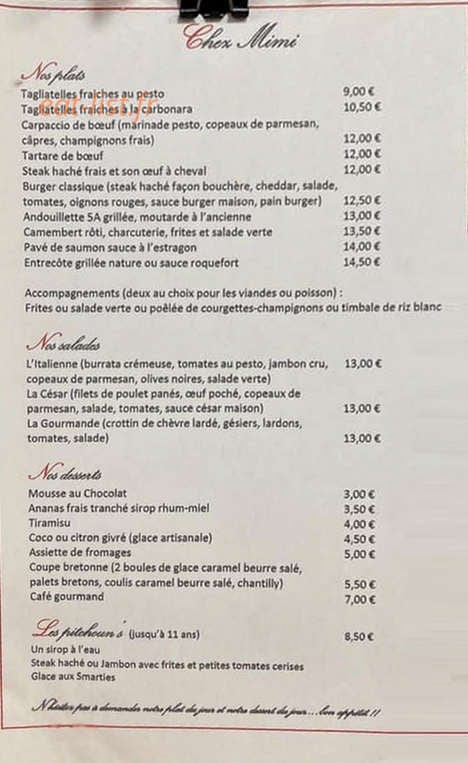 Carte et menu de Brasserie Chez Mimi à Saint Cannat — Les plats à la carte