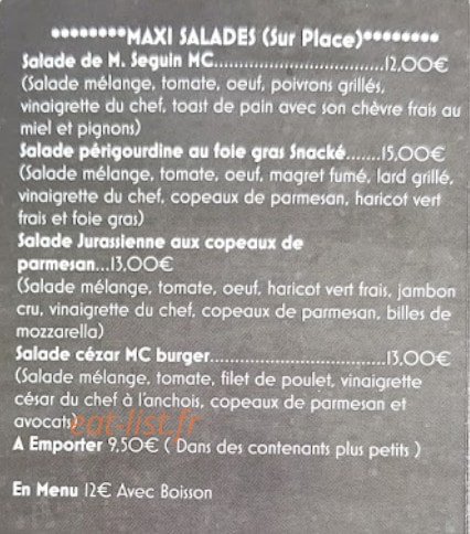 M&C Burger — carte page 1