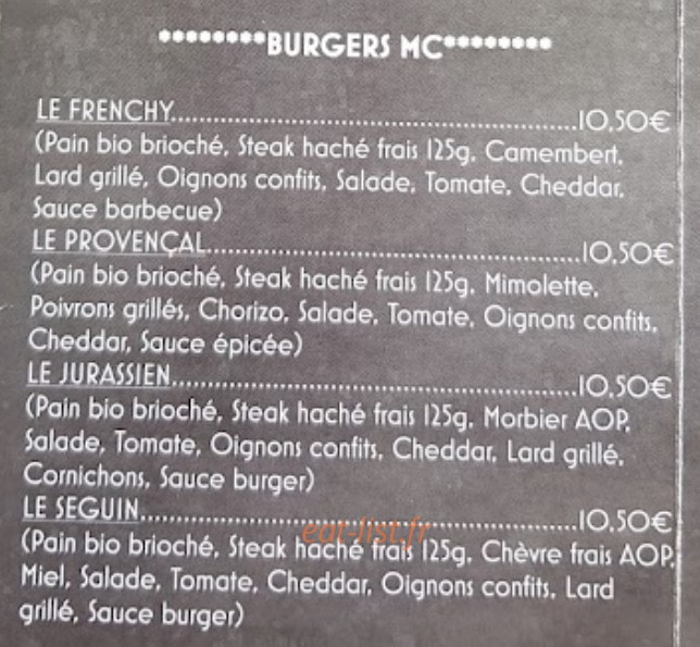 M&C Burger — carte page 2