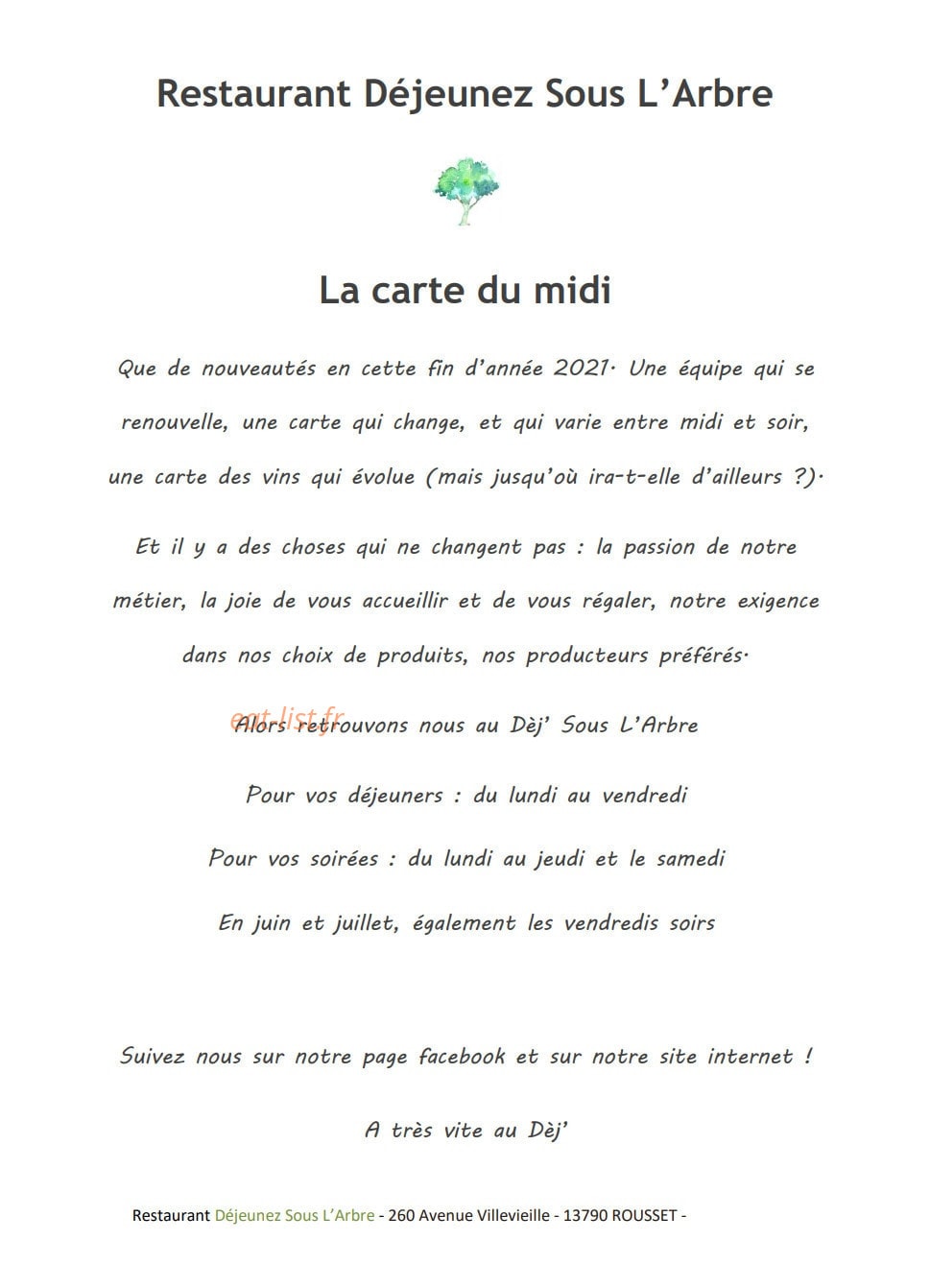 Restaurant Déjeunez Sous L'Arbre — carte page 1