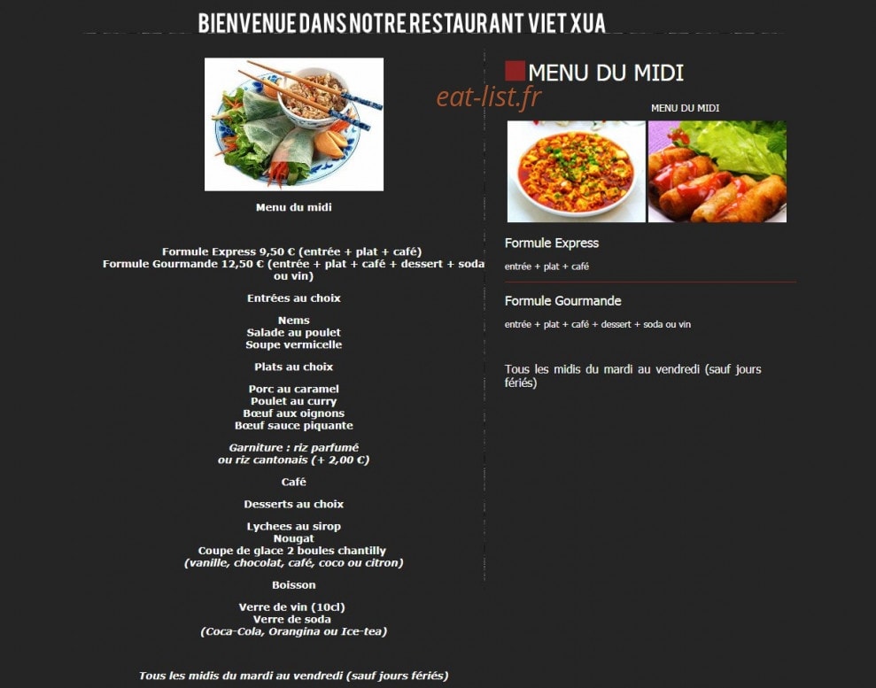 Carte et menu de Viet Xûa à La Penne sur Huveaune — Formules