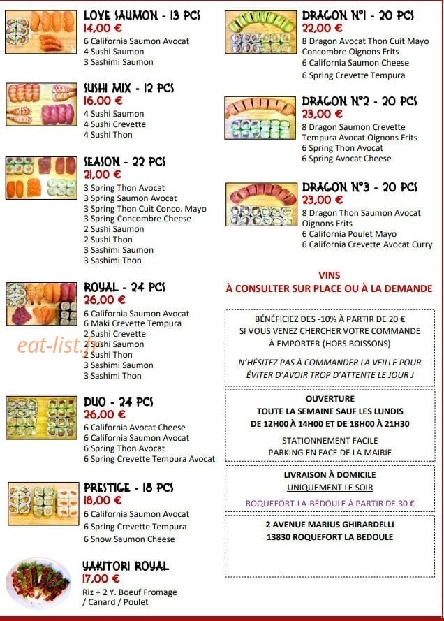 Carte et menu de Restaurant Soleil d'Asie à Roquefort la Bedoule — Les vins , prestiges