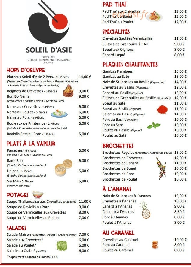 Carte et menu de Restaurant Soleil d'Asie à Roquefort la Bedoule — Les salades, potaces,....