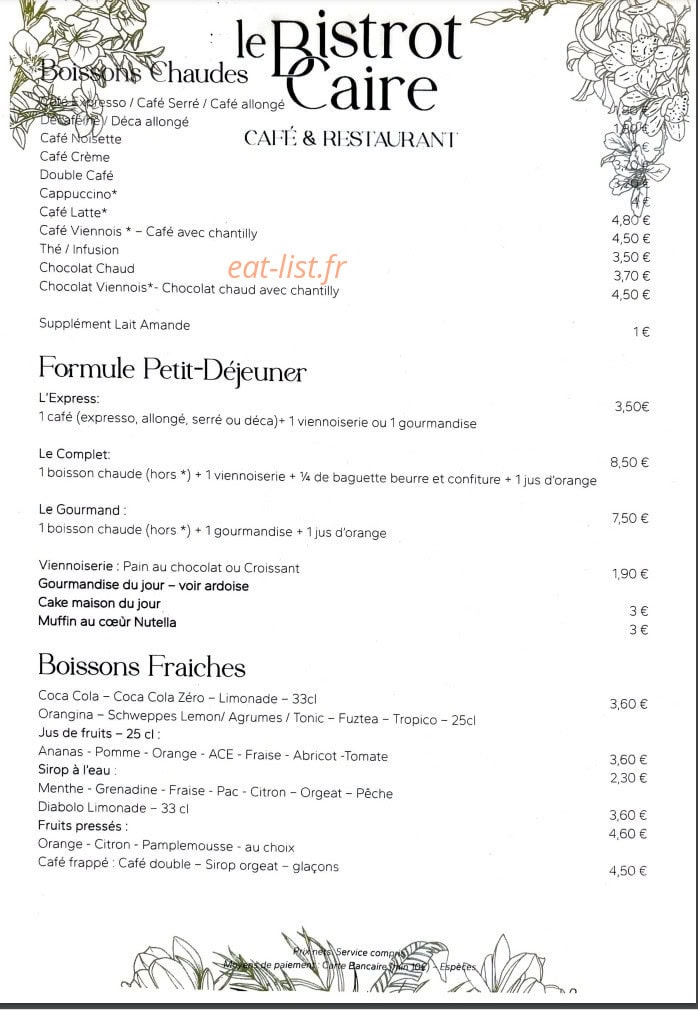Le Bistrot Caire — carte page 1