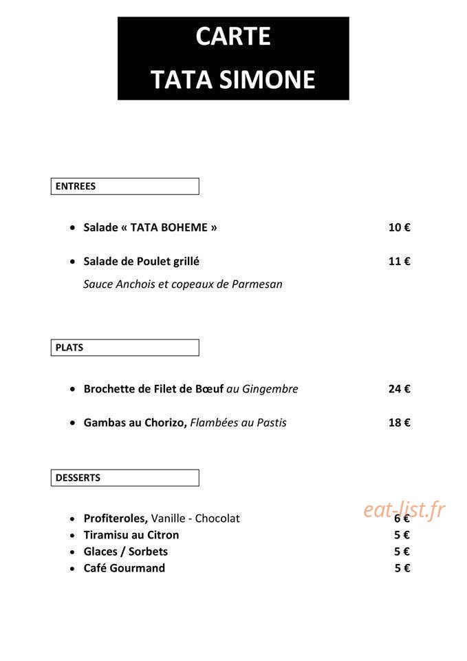 Chez Tata Simone — carte page 1