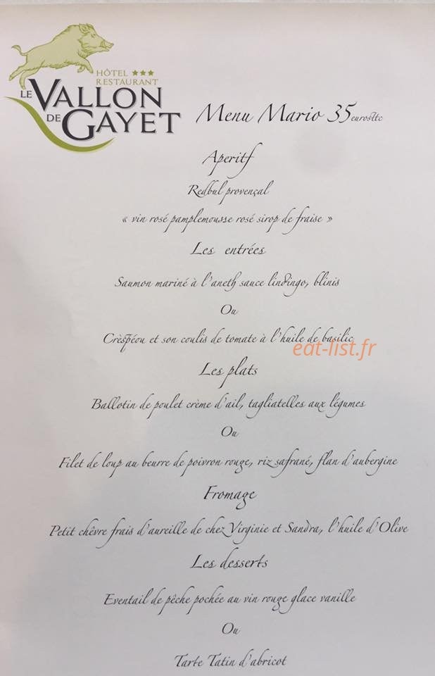 Carte et menu de Le Vallon de Gayet à Mouries — Menu mario