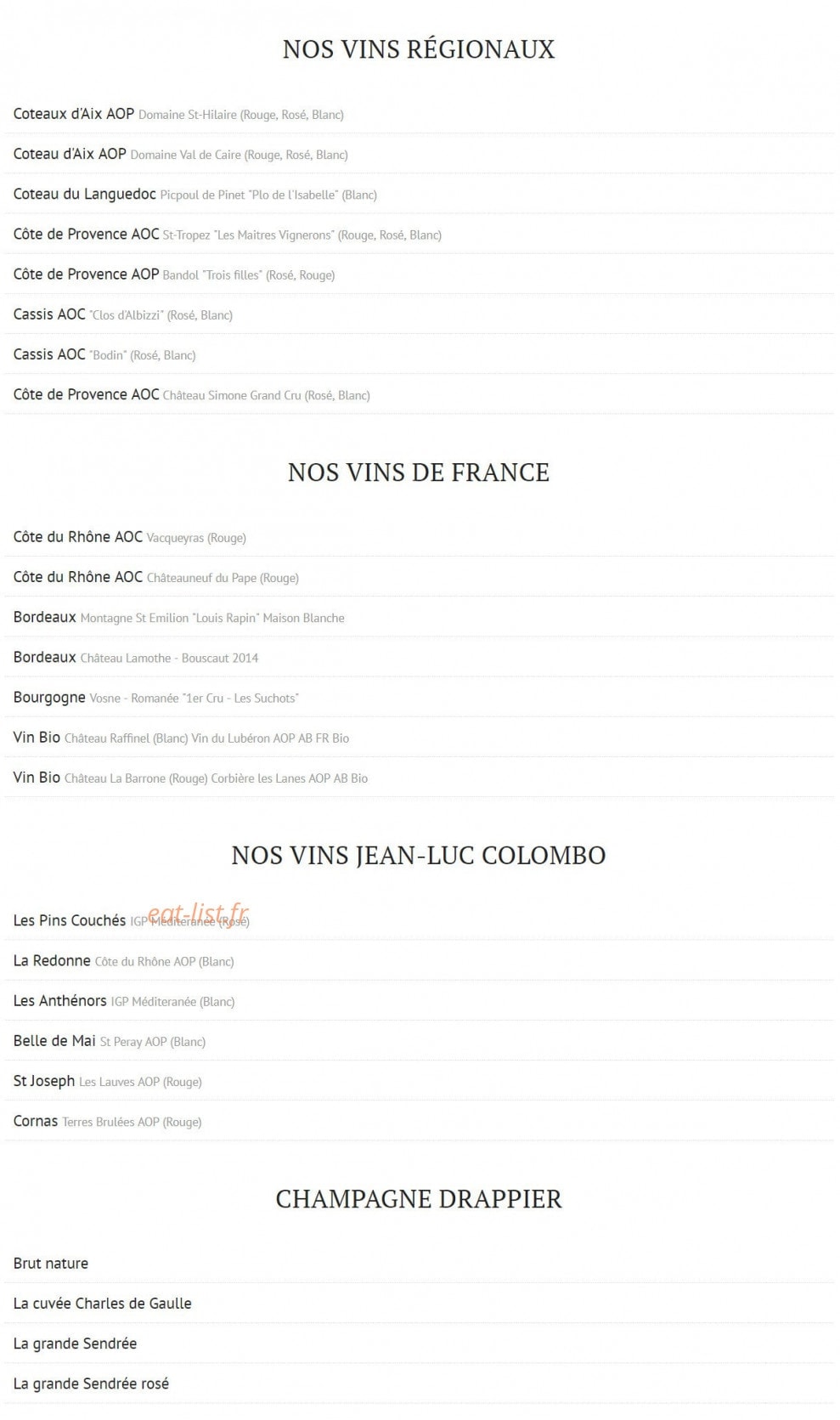 Carte et menu de La Calanque Bleue à Sausset les Pins — Les vins