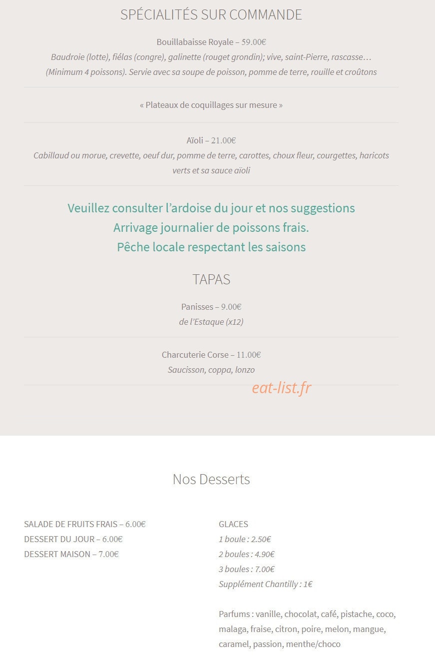 Carte et menu de Restaurant Le Rivage à Sausset les Pins — Les spécialités, tapas et desserts