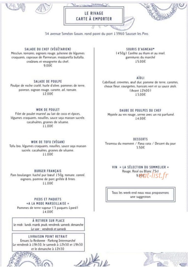 Carte et menu de Restaurant Le Rivage à Sausset les Pins — Menu à emporter