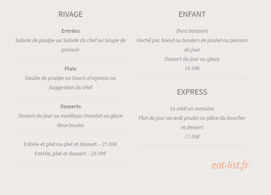 Carte et menu de Restaurant Le Rivage à Sausset les Pins — Les menus