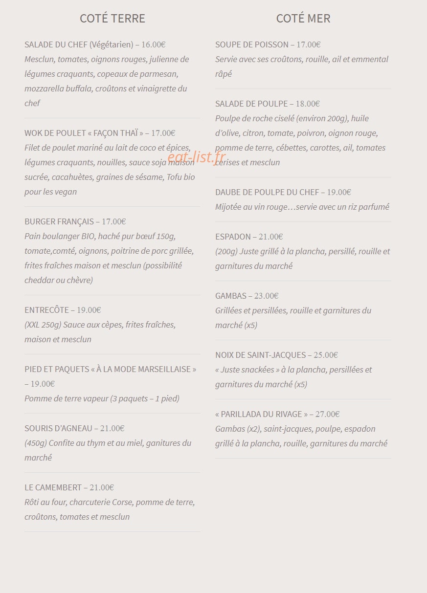Carte et menu de Restaurant Le Rivage à Sausset les Pins — Les plats