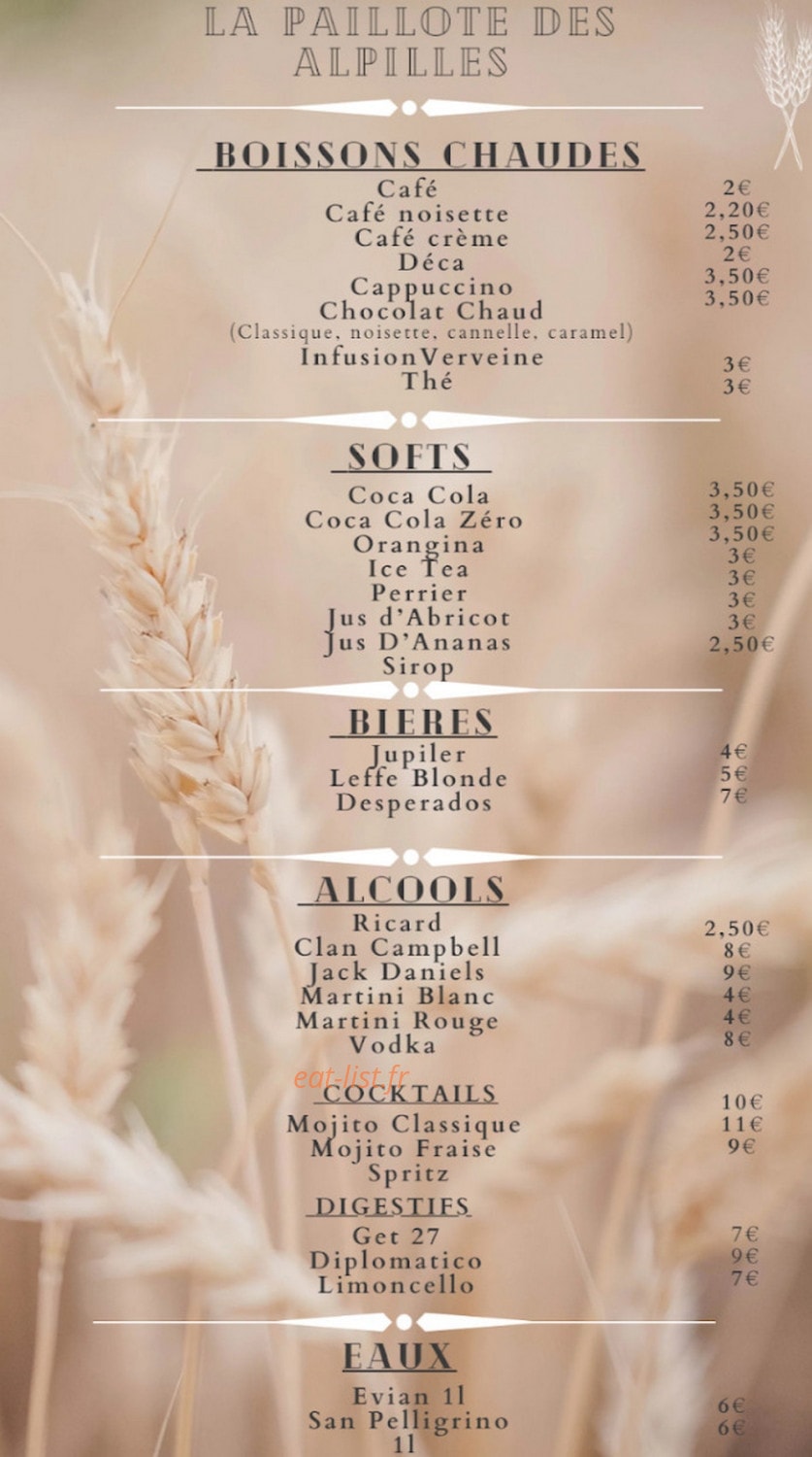 Carte et menu de La paillote des alpilles à Fontvieille — Les boissons chaudes, softs et bières, ...