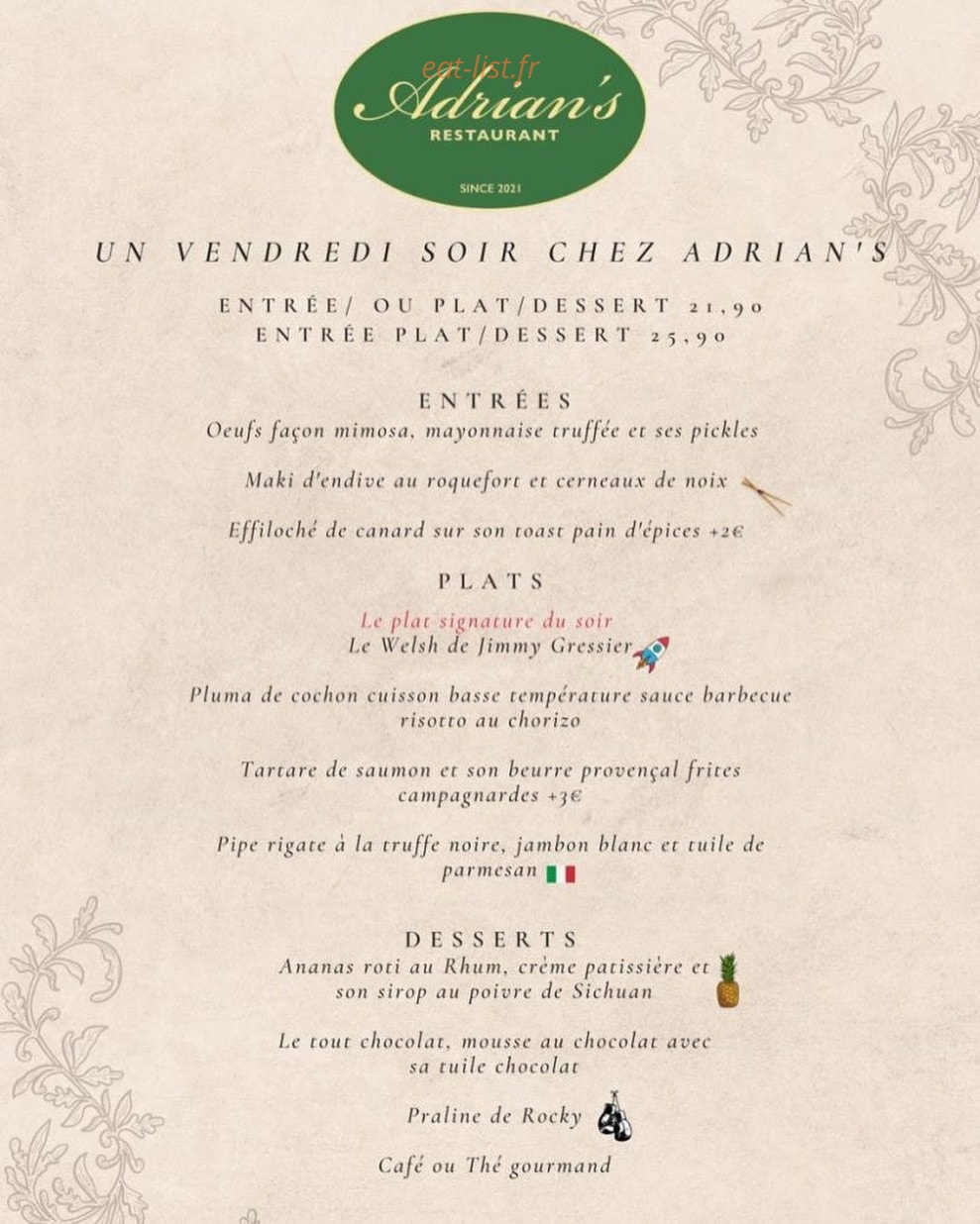 Adrian’s Restaurant — carte page 1