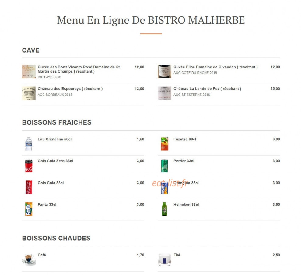 Bistro Malherbe — carte page 1