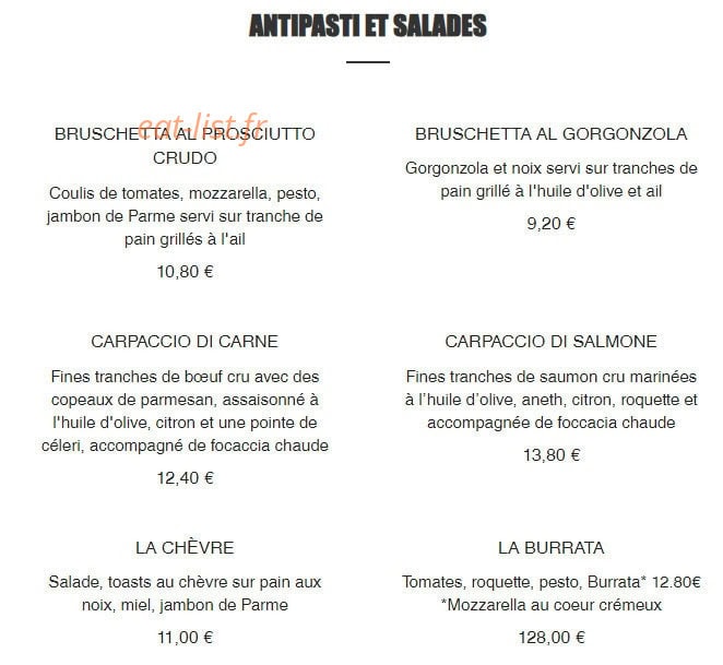 Bruno Ristorante — carte page 1