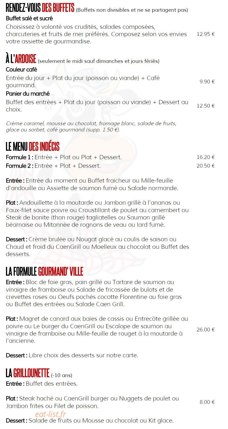 Caen Grill — carte page 1