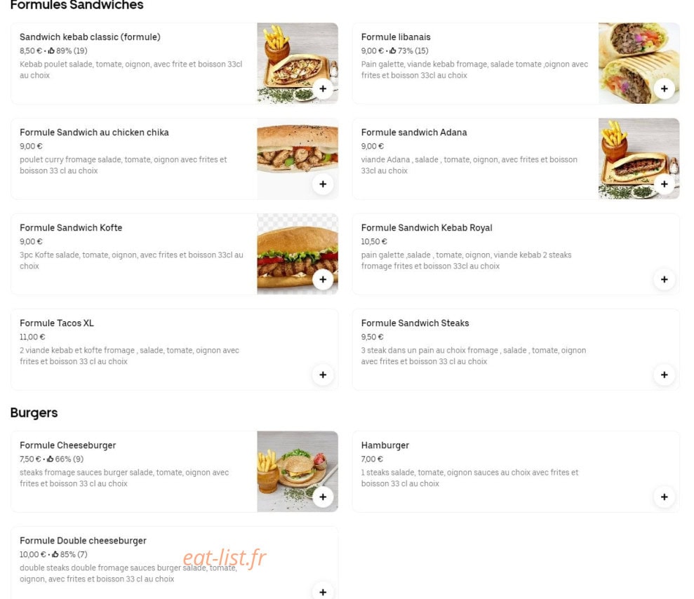 Carte et menu de Jean vilar pizzeria grille kebap à Caen — Les formules sandwichs et burgers