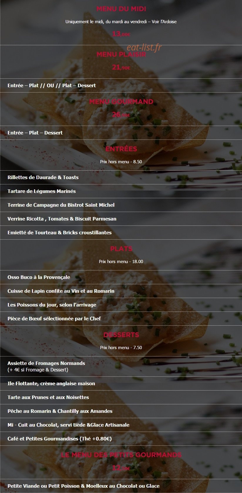 Le Bistrot Saint Michel — carte page 1
