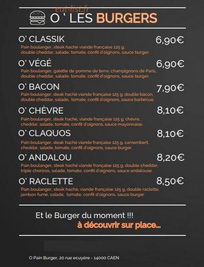 O'Pain Burger — carte page 1