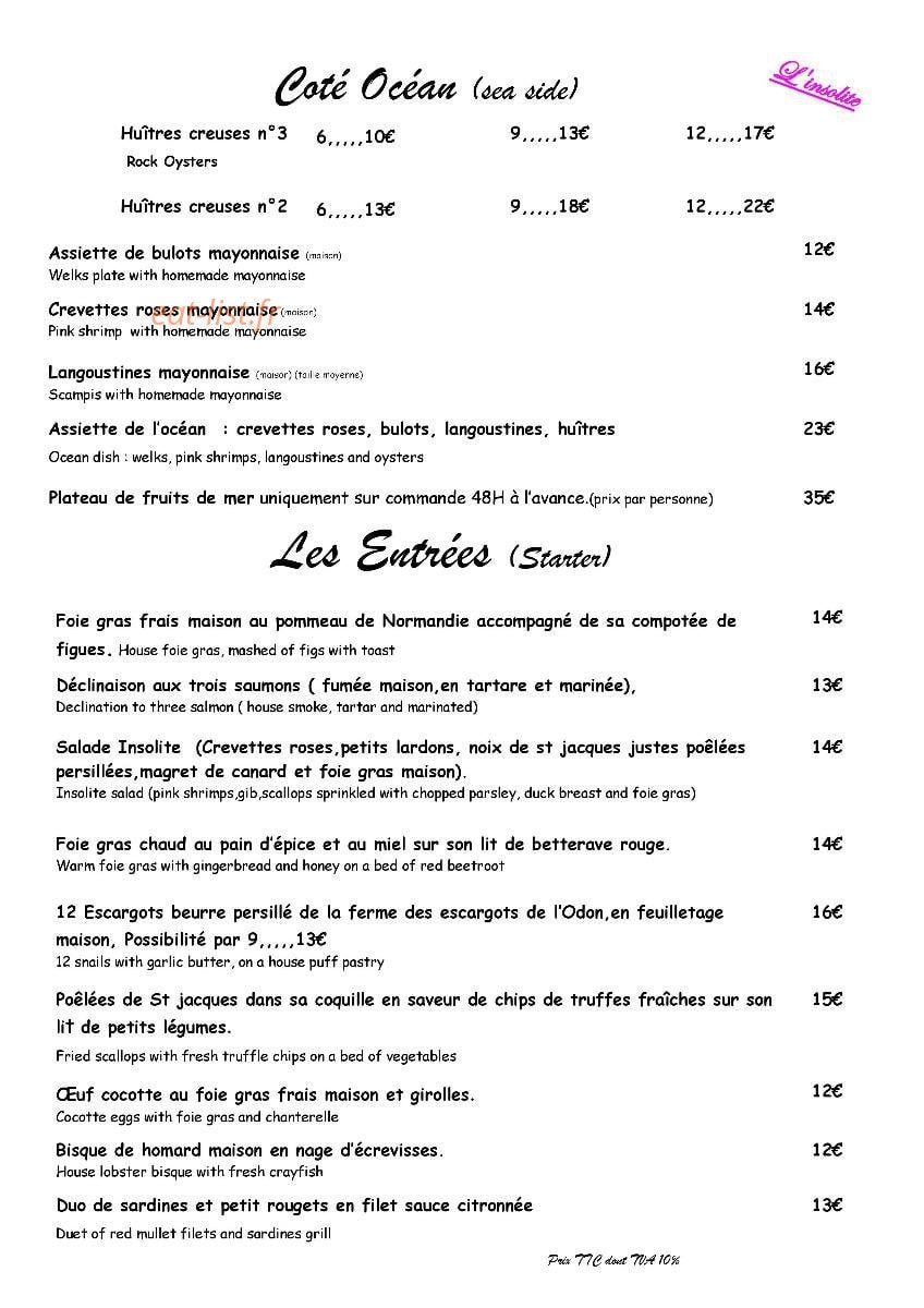 Restaurant L'Insolite — carte page 1