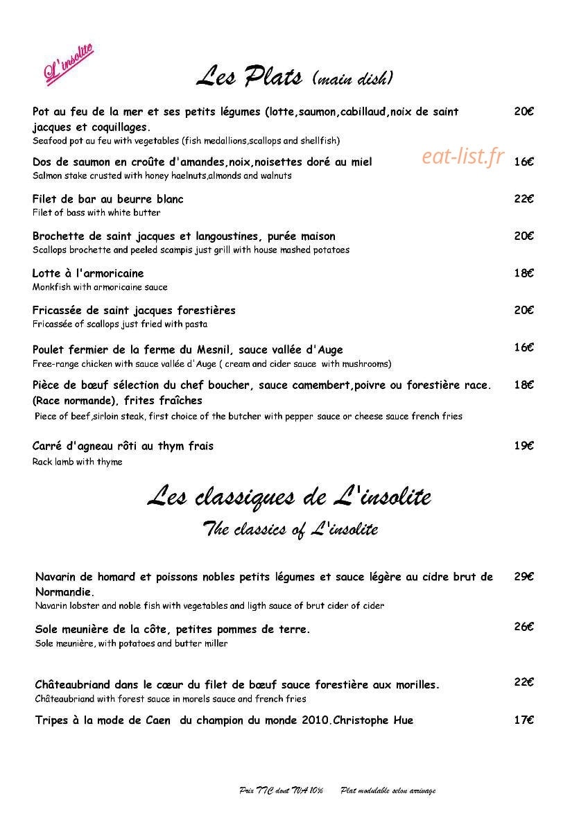 Restaurant L'Insolite — carte page 2