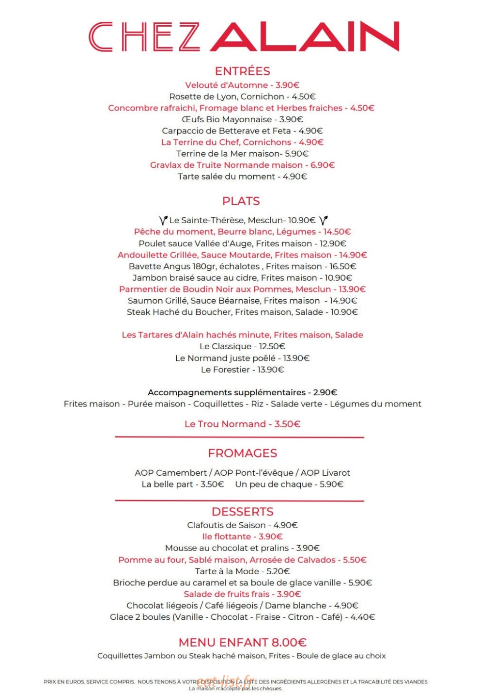 Chez Alain — carte page 1