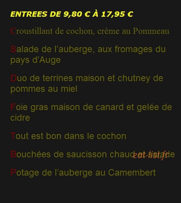 Carte et menu de Auberge des Deux Tonneaux à Les Authieux sur Calonne — Les entrées