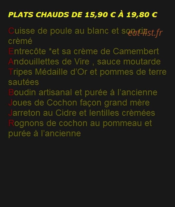 Carte et menu de Auberge des Deux Tonneaux à Les Authieux sur Calonne — Les plats chauds