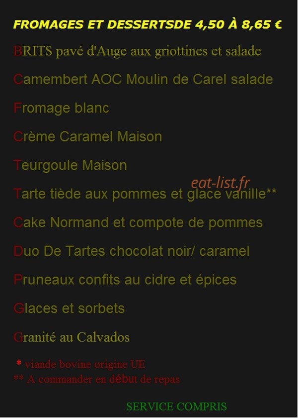 Carte et menu de Auberge des Deux Tonneaux à Les Authieux sur Calonne — Les fromages et desserts