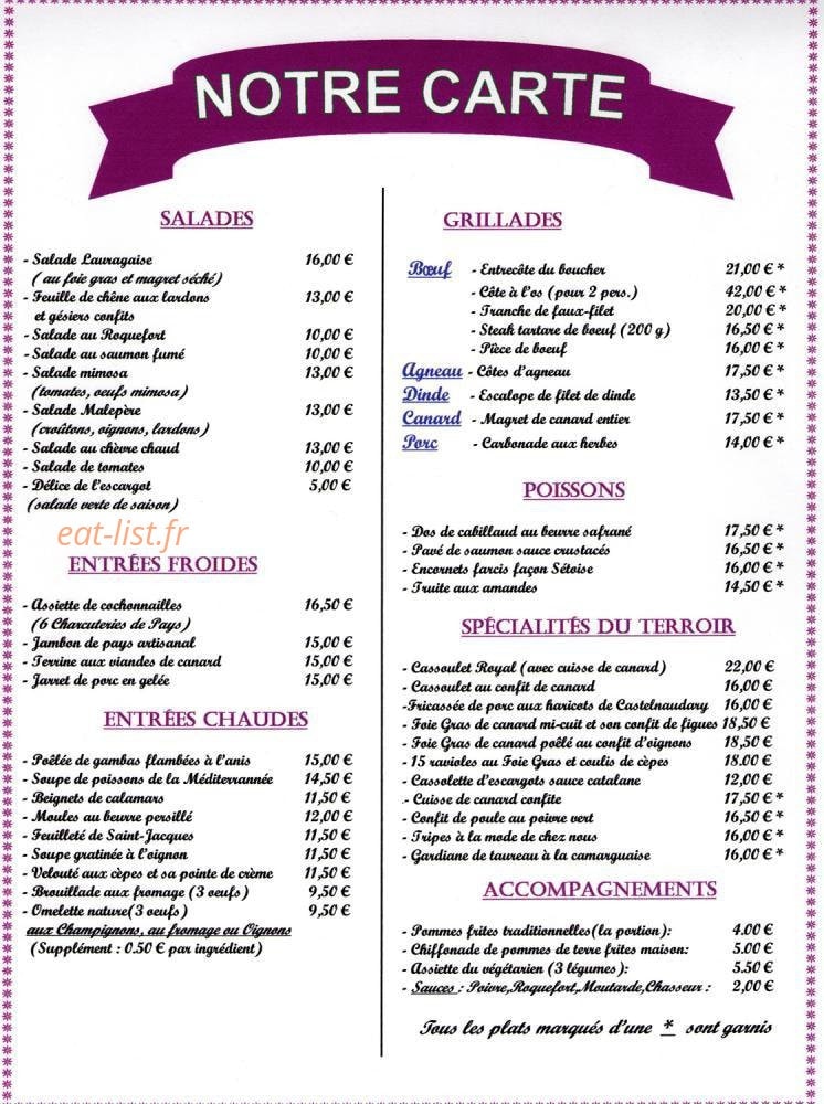 Carte et menu de Auberge Des Dominicaines à Pont l'Eveque — Les salades, entrées, grillades...