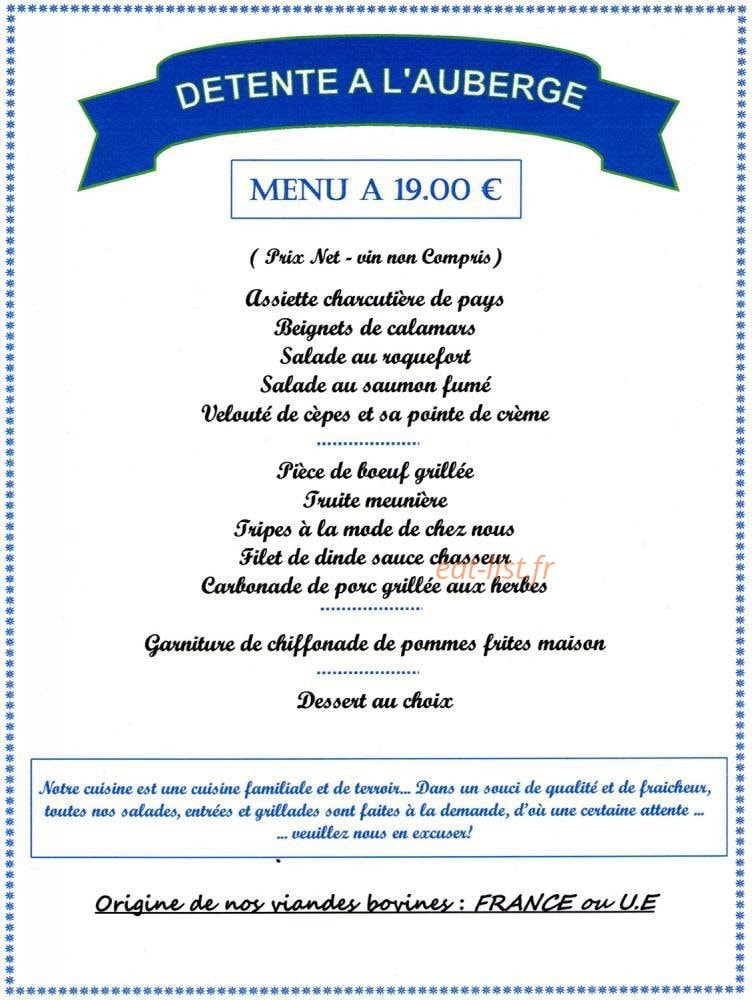 Carte et menu de Auberge Des Dominicaines à Pont l'Eveque — Le menu détente à l' auberge
