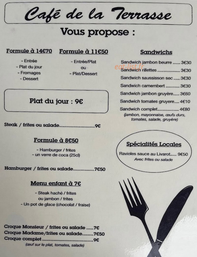 Carte et menu de Brasserie de La Terrasse à Livarot-Pays-d'Auge — Les plats, sandwichs et menu enfant, ...