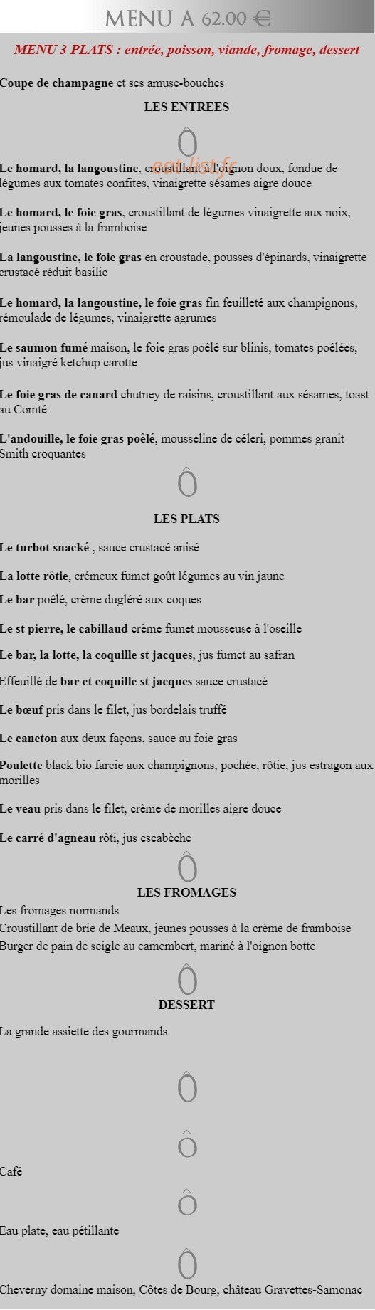 Carte et menu de La Mare Ô Poissons à Ouistreham — Menu à 62€