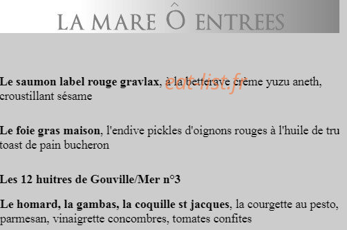 Carte et menu de La Mare Ô Poissons à Ouistreham — Saumon, foie gras, huîtres, ...