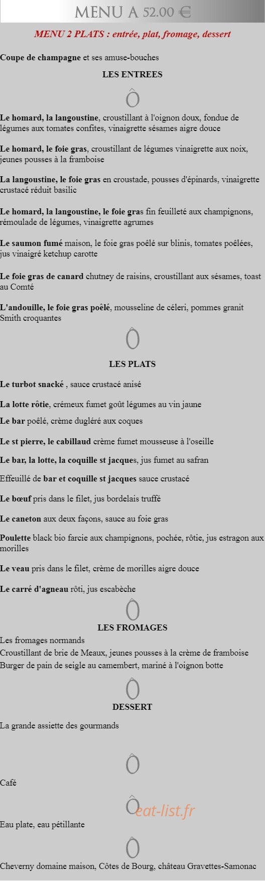 Carte et menu de La Mare Ô Poissons à Ouistreham — Menu à 52€