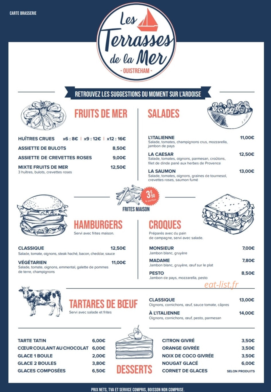 Carte et menu de Les Terrasses de la mer à Ouistreham — Les salades, hamburgers et croques,...
