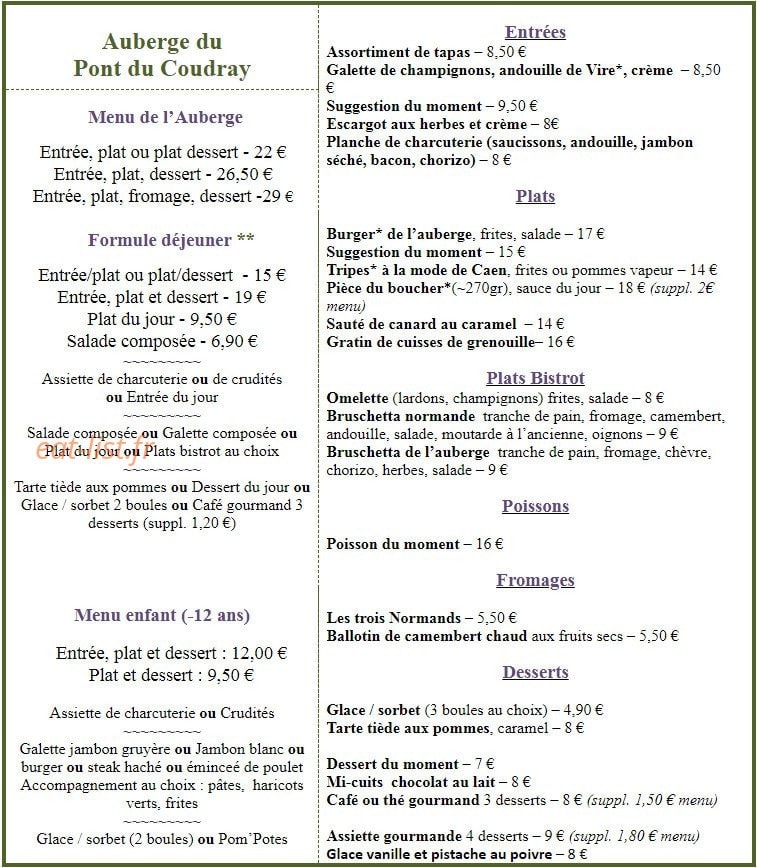 Auberge du Pont du Coudray — carte page 1
