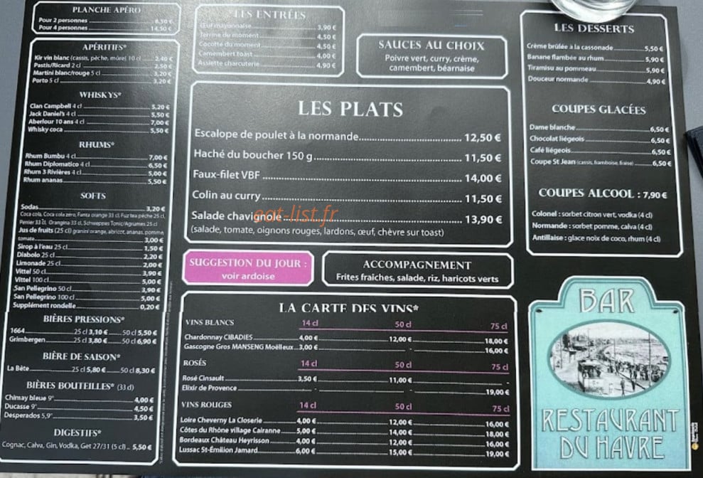 Bar brasserie du havre — carte page 1