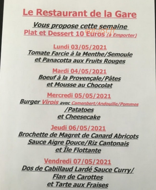 restaurant de la gare — carte page 1