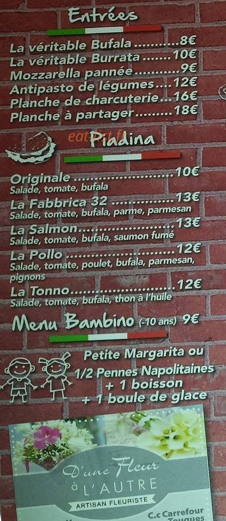 Carte et menu de La Fabbrica 32 à Trouville sur Mer — Entrées, piadina et menu bambino
