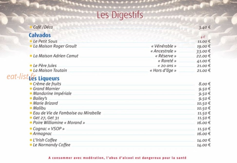 Carte et menu de La Marine à Trouville sur Mer — Digestifs