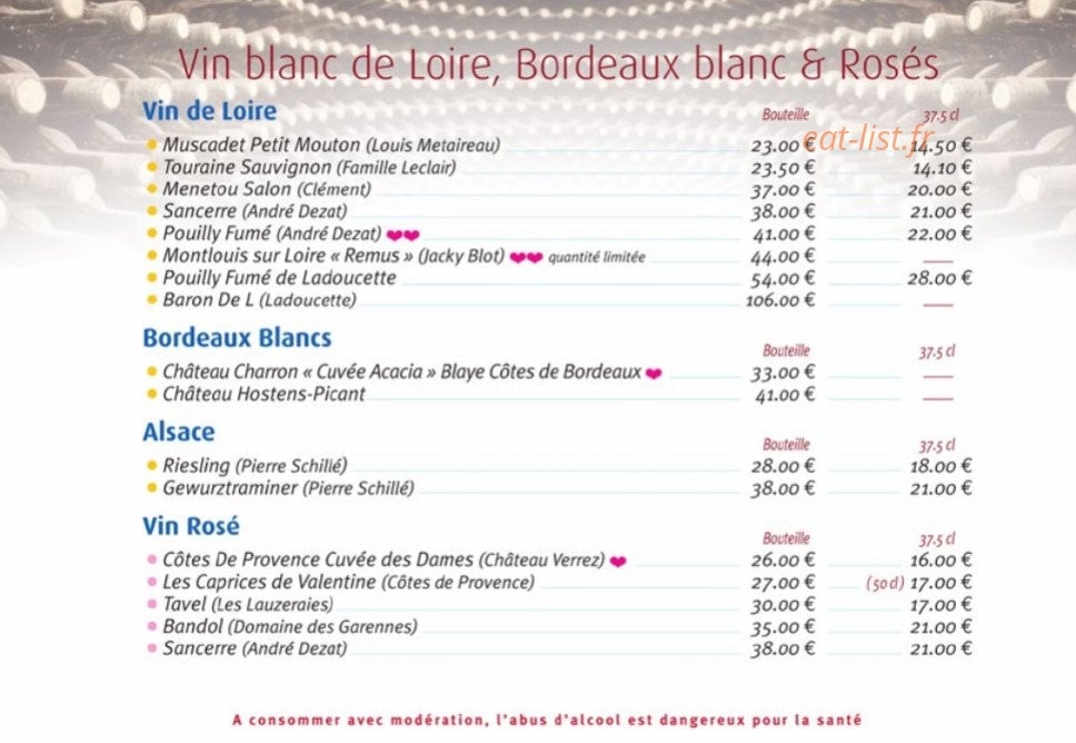Carte et menu de La Marine à Trouville sur Mer — Vin blanc de loire, bordeaux blanc et rosés