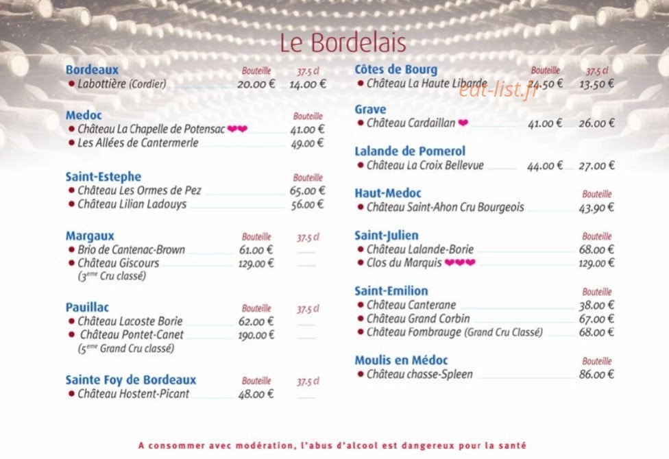 Carte et menu de La Marine à Trouville sur Mer — Bordelais