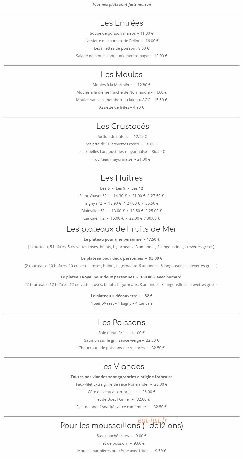 Carte et menu de La Marine à Trouville sur Mer — Entrées, moules, crustacés,...