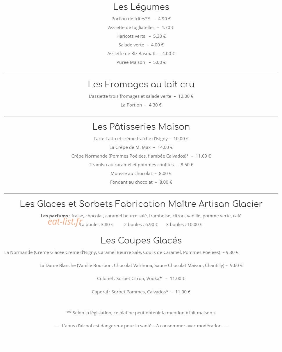Carte et menu de La Marine à Trouville sur Mer — Légumes, fromages, pâtisseries,...