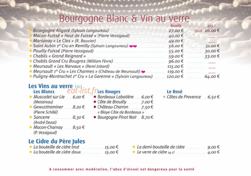 Carte et menu de La Marine à Trouville sur Mer — Bourgogne blanc et vins au verre